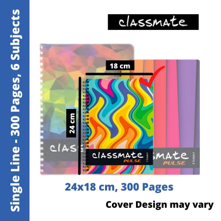 Classmate Pulse 6 Subject - Spiral, Single Line, 300 Pages, 24x18 cm (02100113) - MRP - Rs. 135