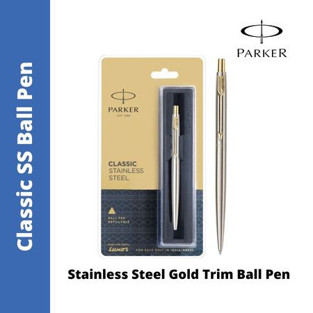 Parker Classic Stainless Steel Gold Trim Ball Pen (MRP - Rs. 500)
