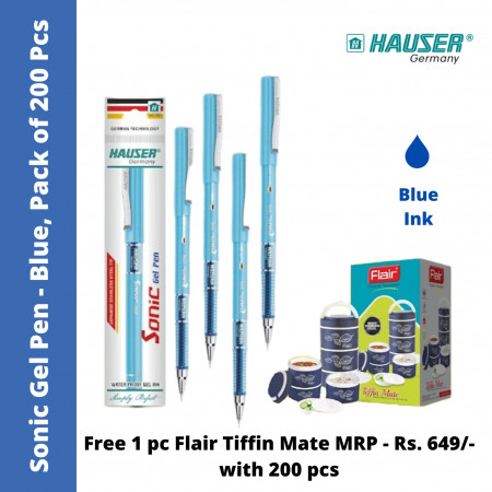Hauser Sonic Gel Pen - Blue, 200 Pcs, Free 1N Flair Tiffin Mate worth MRP - 649/-