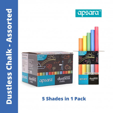Apsara Dustless Chalks - Assorted, 5 Shades, Pack of 10 Pieces