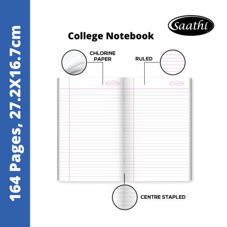 Saathi College Notebook - Single Line, 164 Pages, 27.2x16.7cm (02331017) - New 2