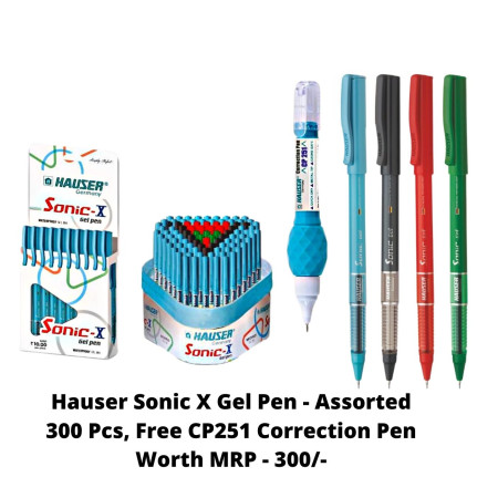 Hauser Sonic X Gel Pen - Assorted 300 Pcs, Free CP251 Correction Pen Worth MRP - 300/-