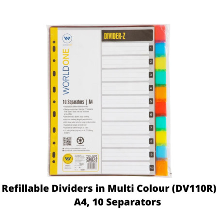 WorldOne Refillable Dividers in Multi Colour - A4, 10 Separators (DV110R)