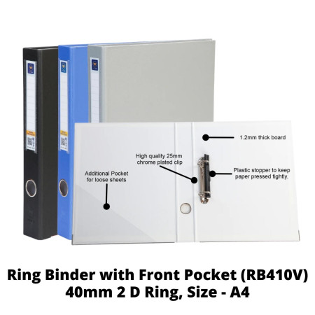WorldOne Ring Binder with Front Pocket - A4, 40mm 2 Ring, D Shape (RB410V)