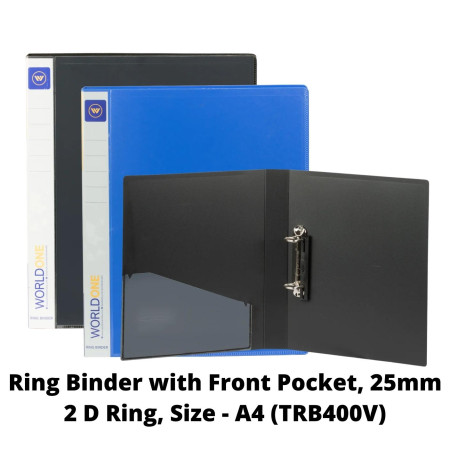 WorldOne Ring Binder with Front Pocket - A4, 25mm 2 Ring, D Shape (TRB400V)